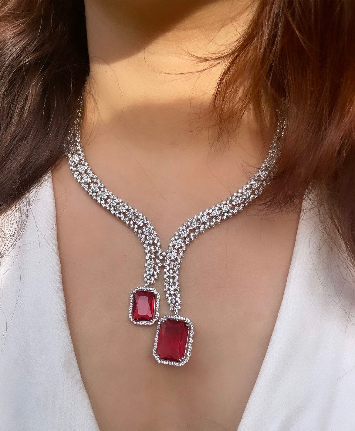 HANNAH Stylish Ruby red Pendant necklace Set in American Diamond Classy high quality cz zircon jewelry , prom,gala dinner bridal jewelery