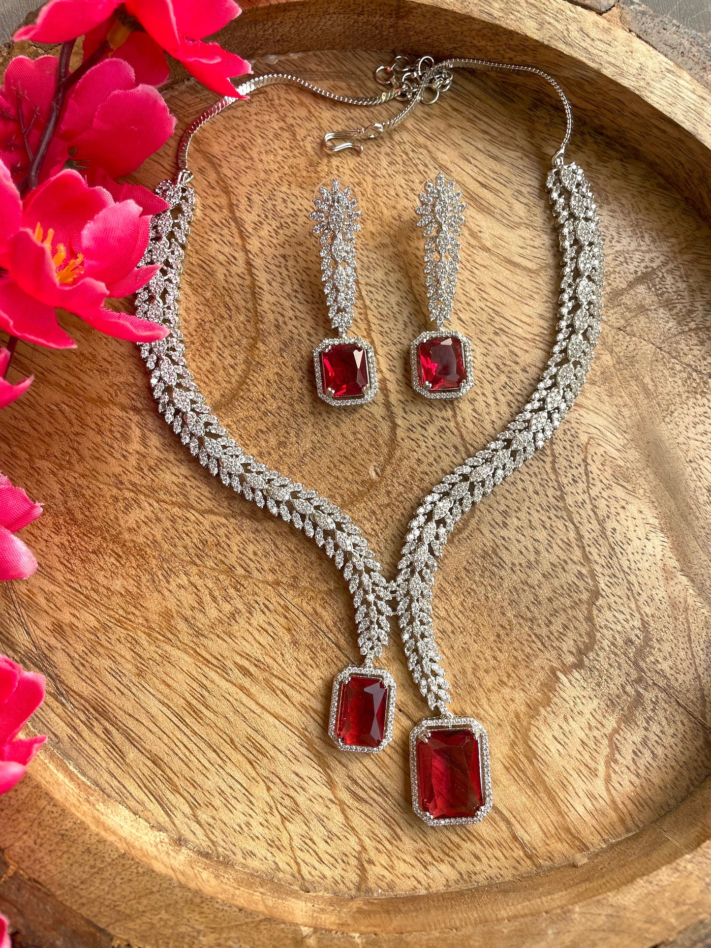 HANNAH Stylish Ruby red Pendant necklace Set in American Diamond Classy high quality cz zircon jewelry , prom,gala dinner bridal jewelery