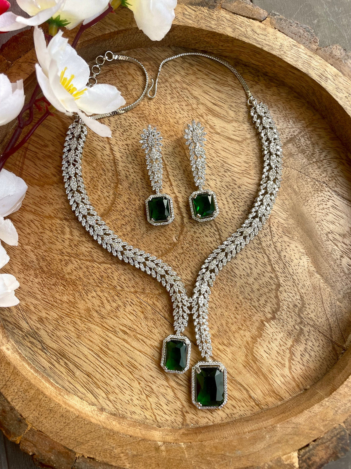 HANNAH Emerald Green necklace Set in American Diamond