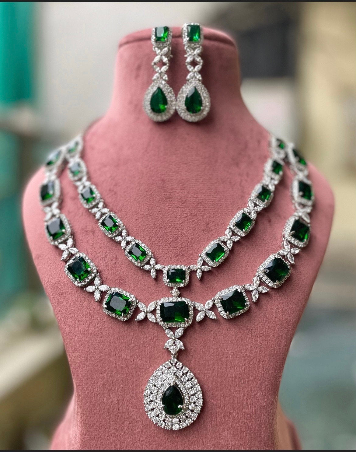 SHANAYA Emerald green American diamond necklace earrings Indian bridal Jewelry Pakistani nikaah Wedding jewellery green colour jewellery
