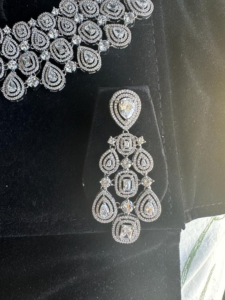 Silver clear stones CZ Necklace Set American Diamond Necklace Crystal Necklace  Indian Necklace Statement Necklace Wedding bridal jewelry