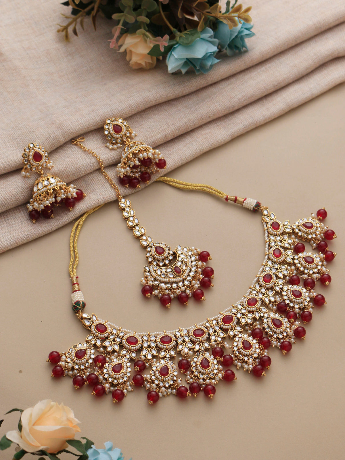 RINISHA red maroon Kundan  necklace set/ wedding jewelry pakistani bollywood jewelry/ punjabi indian kundan earrings maangtika