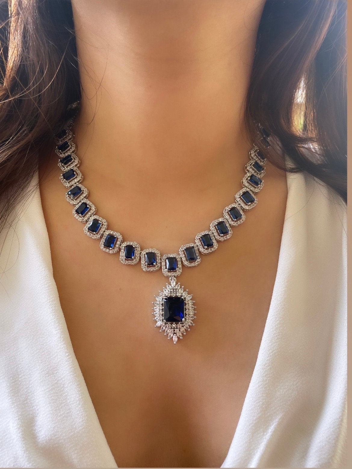 KARLA Sapphire blue cz Set in American Diamond Classy high quality zircon jewelry for wedding, prom,dark blue gala dinner bridal jewelery