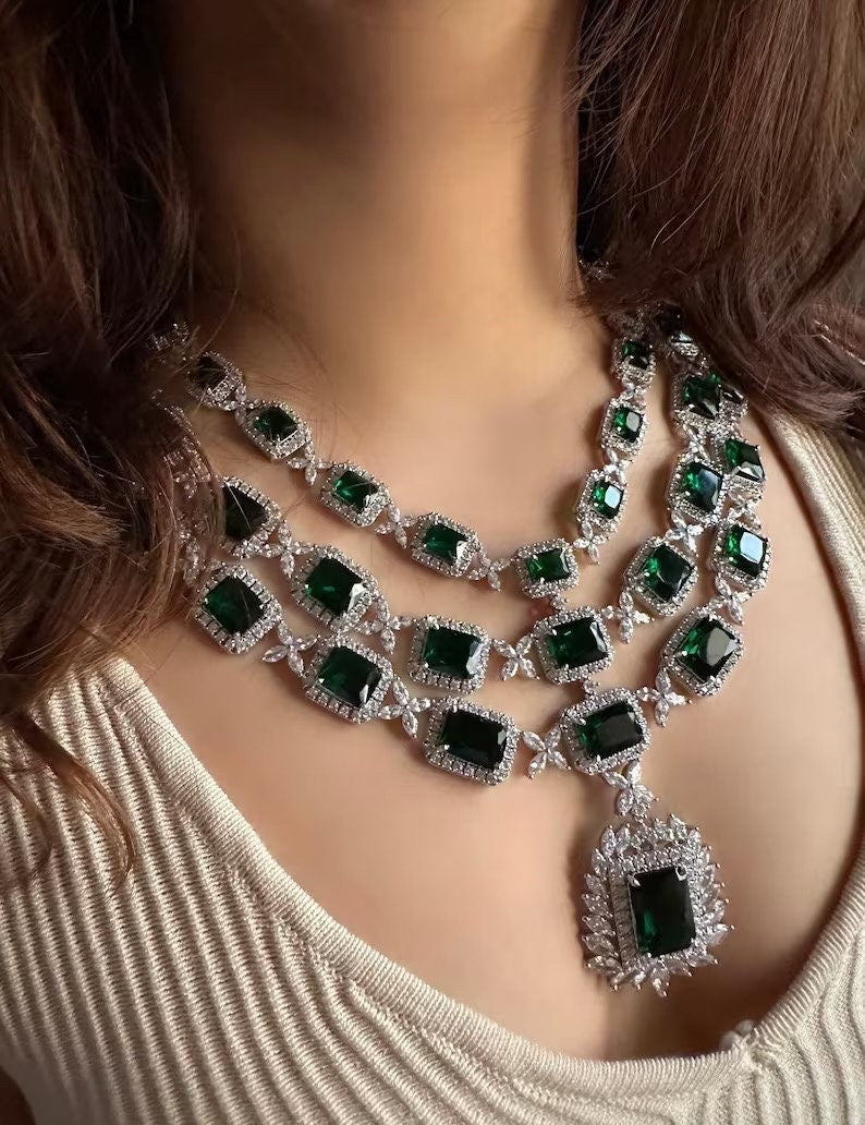 EILEENA Multilayer Emerald Green American Diamond High Quality necklace set wedding bridal  jewelry,zircon cz, pakistani Nikaah jewelry