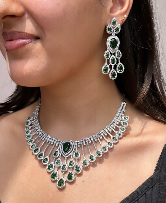 RAIMA Emerald green American Diamond High Quality  necklace Choker set bridal wedding jewelry,Indian ring ceremony jewellery,zircon cz