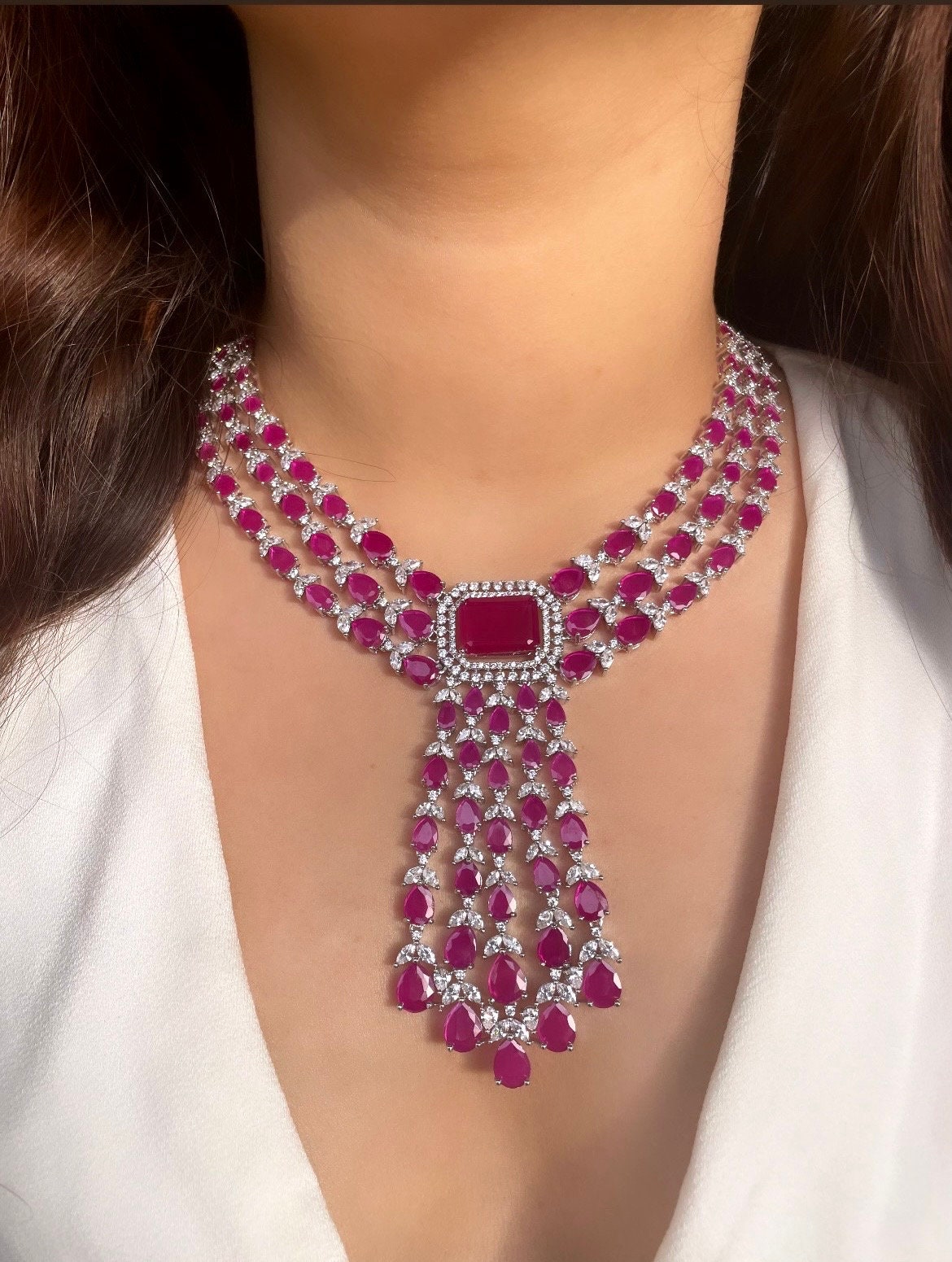NAOMI Ruby stones Zirconium Faux Diamond Necklace Set,Silver Ruby CZ Necklace Set,Diamond Necklace Set, Indian Cz , Pakistani jewellery