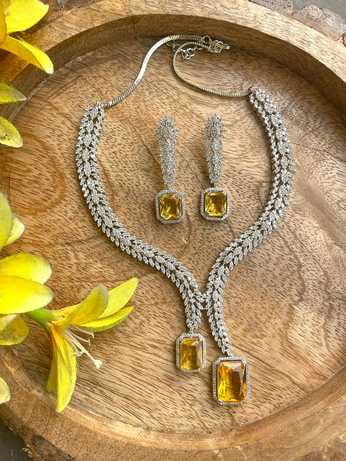 HANNAH Stylish Yellow Pendant necklace set in American Diamond, Classy high quality cz zircon jewelry , prom,gala dinner bridal jewelery