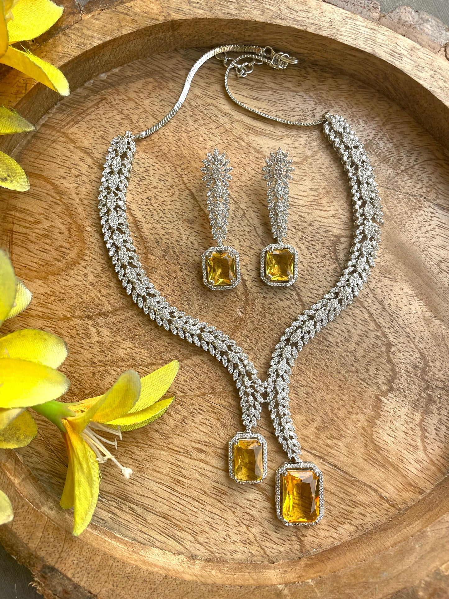 HANNAH Stylish Yellow Pendant necklace set in American Diamond, Classy high quality cz zircon jewelry , prom,gala dinner bridal jewelery