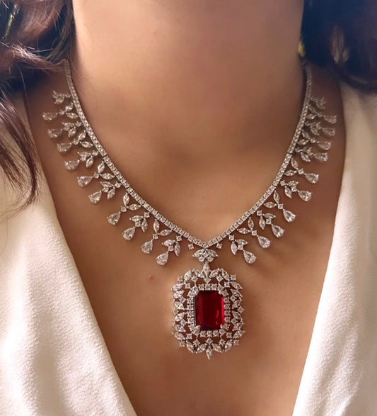 Alia bhatt inspired Ruby red cz American Diamond High Quality doublet pendant necklace set, prom jewelry,