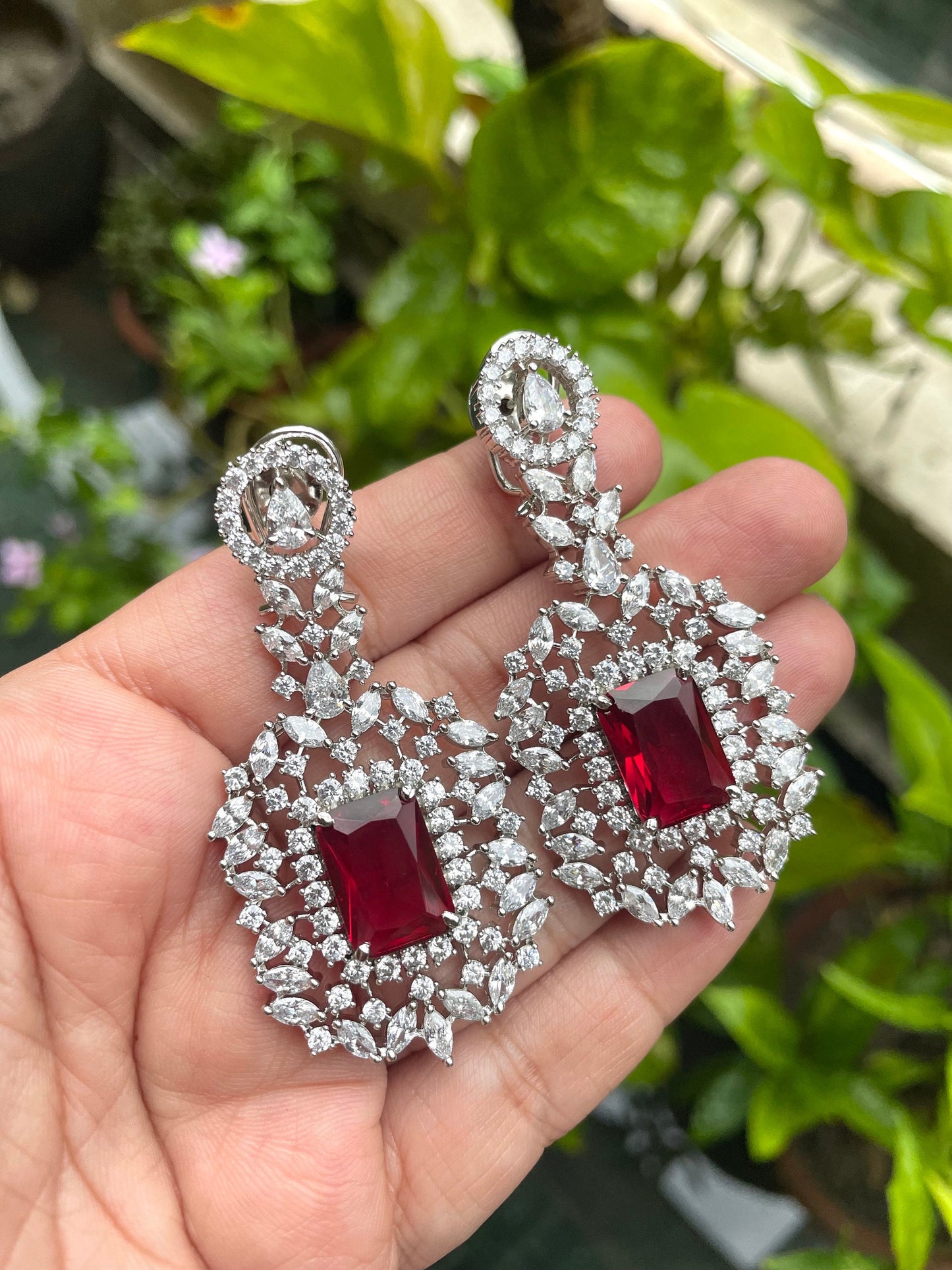 Alia bhatt inspired Ruby red cz American Diamond High Quality doublet pendant necklace set, prom jewelry,