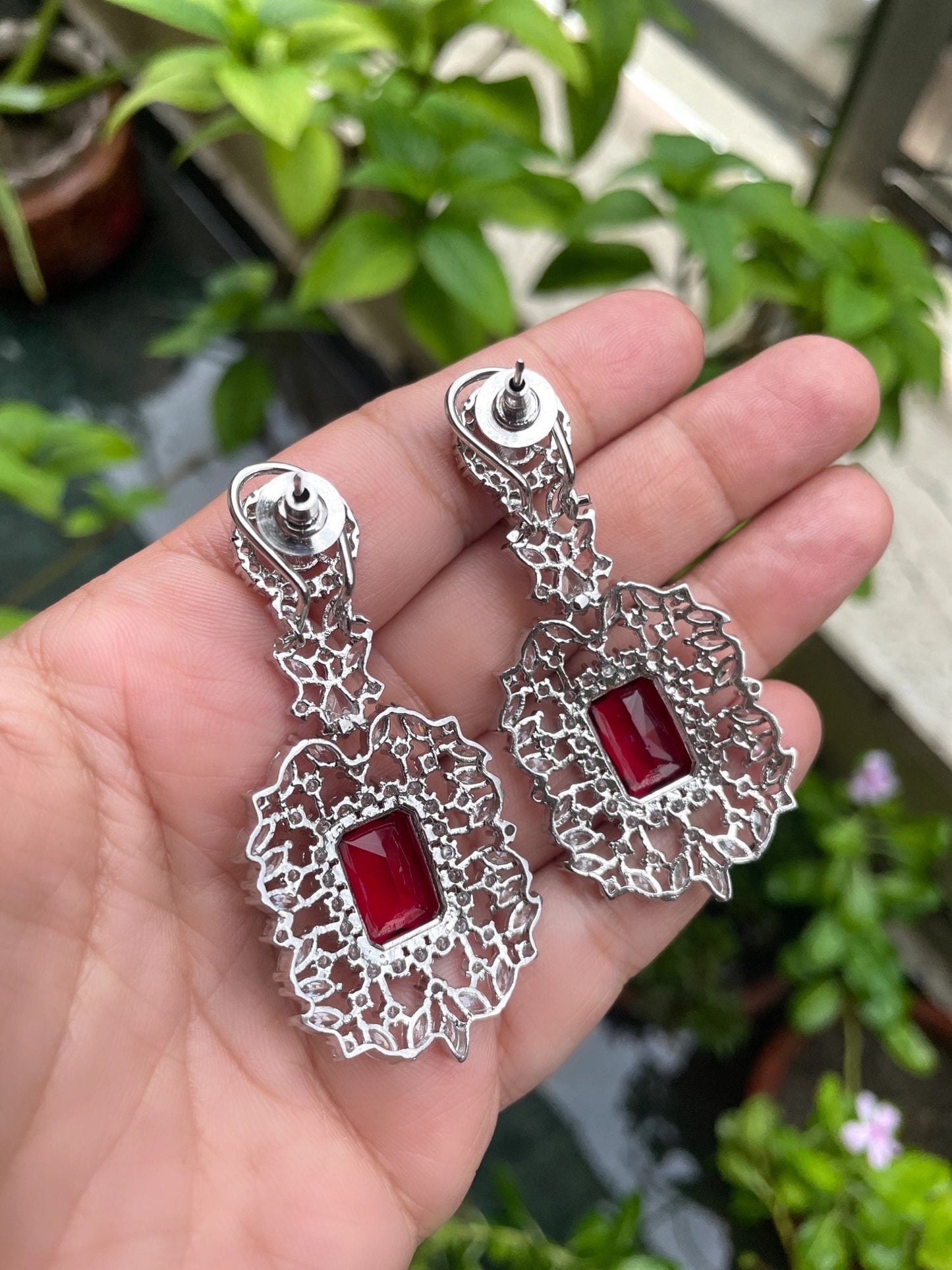 Alia bhatt inspired Ruby red cz American Diamond High Quality doublet pendant necklace set, prom jewelry,