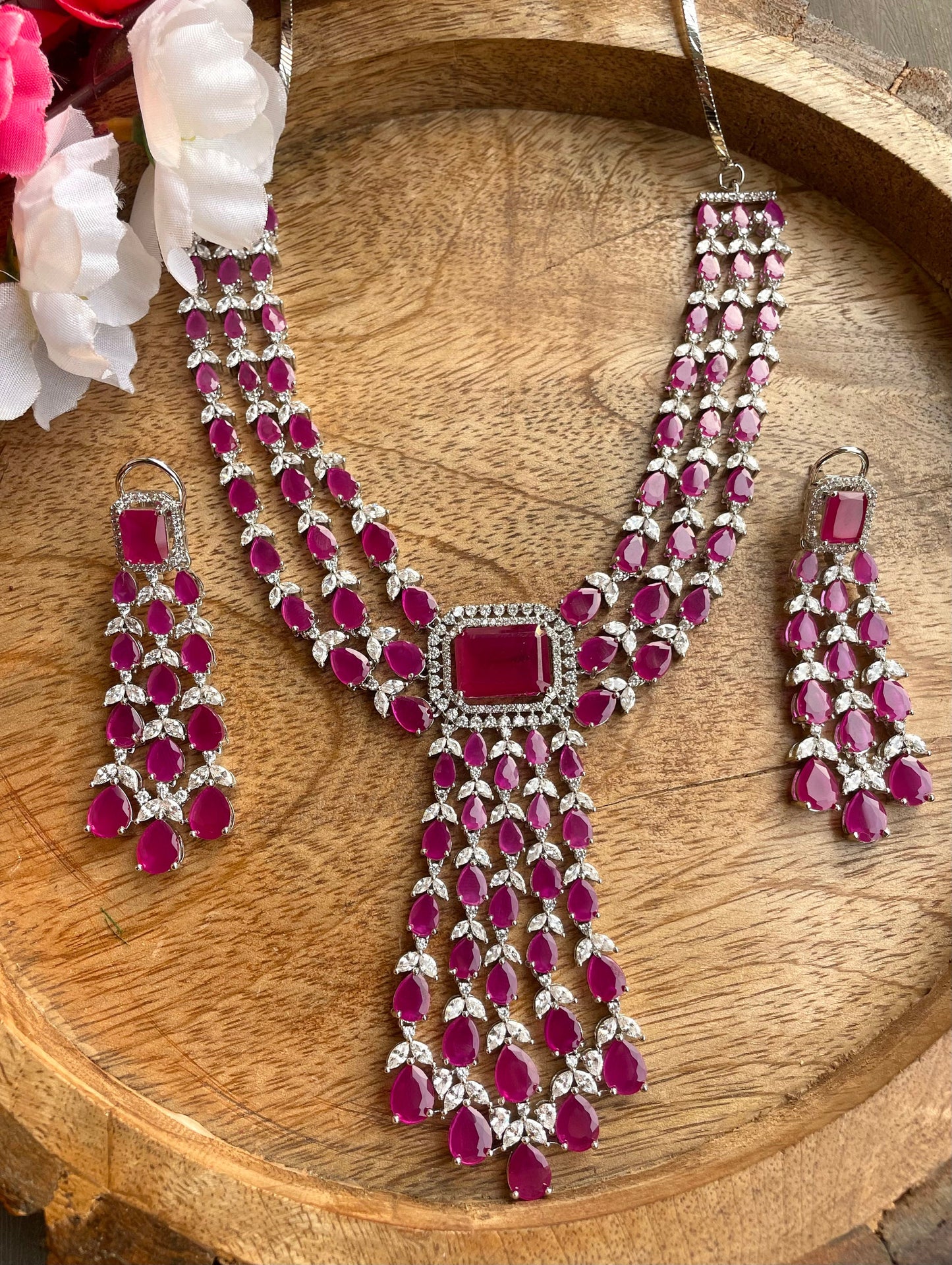 NAOMI Ruby stones Zirconium Faux Diamond Necklace Set,Silver Ruby CZ Necklace Set,Diamond Necklace Set, Indian Cz , Pakistani jewellery