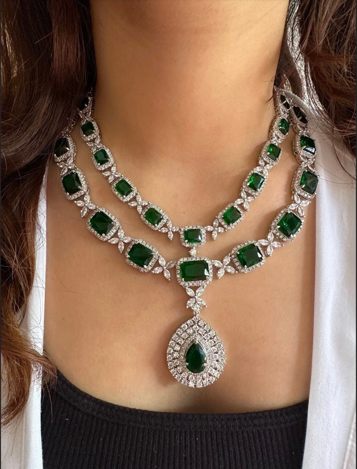 SHANAYA Sapphire blue American diamond necklace earrings Indian bridal Jewelry Pakistani nikaah Wedding jewellery green colour jewellery