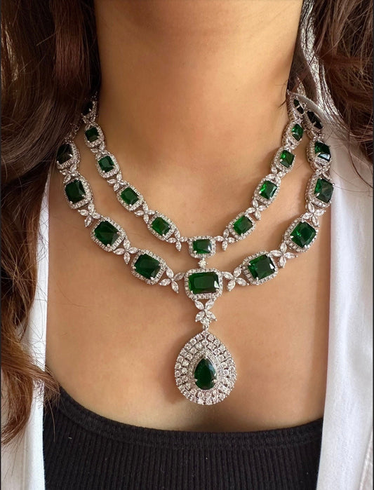 SHANAYA Emerald green American diamond necklace earrings Indian bridal Jewelry Pakistani nikaah Wedding jewellery green colour jewellery