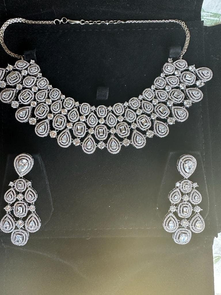 Silver clear stones CZ Necklace Set American Diamond Necklace Crystal Necklace  Indian Necklace Statement Necklace Wedding bridal jewelry