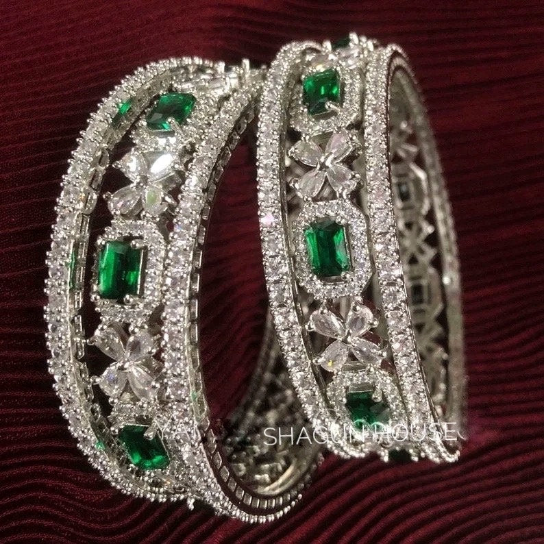 American diamond bangle set of 6 cz bangles in Emerald Green stones, AD bangle set,zircon bangles,bridal,indian bangles, pakistani bangles