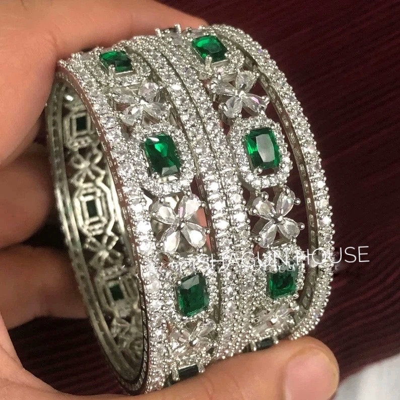 American diamond bangle set of 6 cz bangles in Emerald Green stones, AD bangle set,zircon bangles,bridal,indian bangles, pakistani bangles