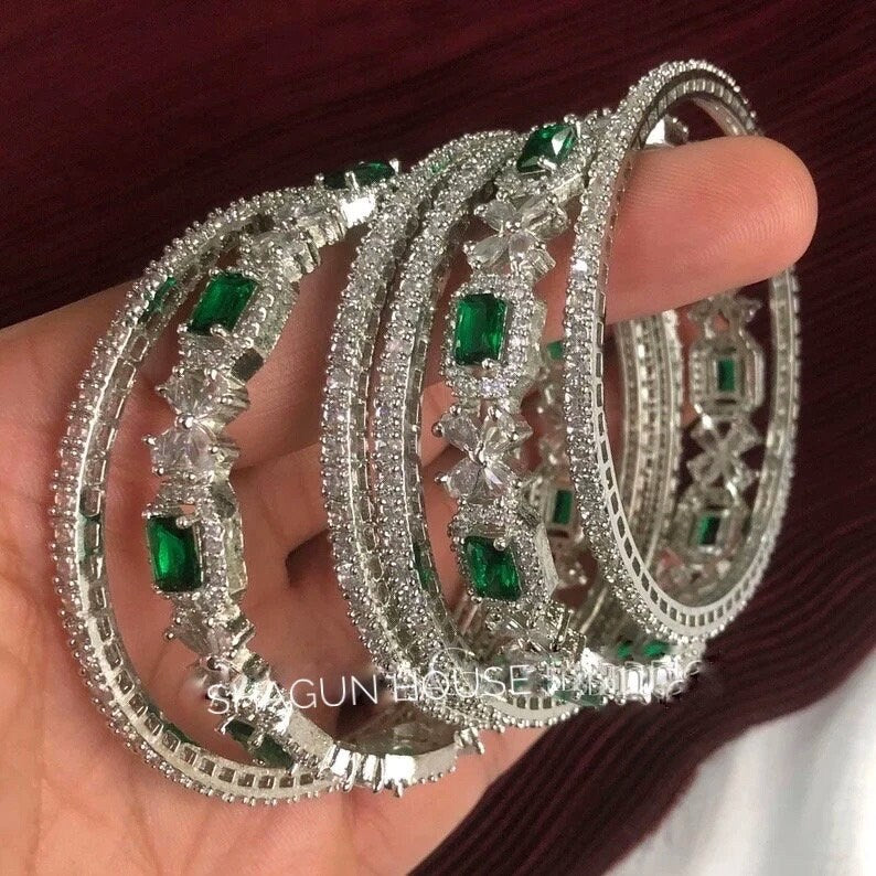 American diamond bangle set of 6 cz bangles in Emerald Green stones, AD bangle set,zircon bangles,bridal,indian bangles, pakistani bangles