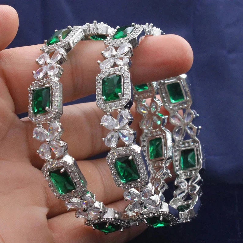 American diamond bangle set  in Emerald Green stones, AD bangle set,zircon bangles,bridal,indian bangles, pakistani bangles, green silver