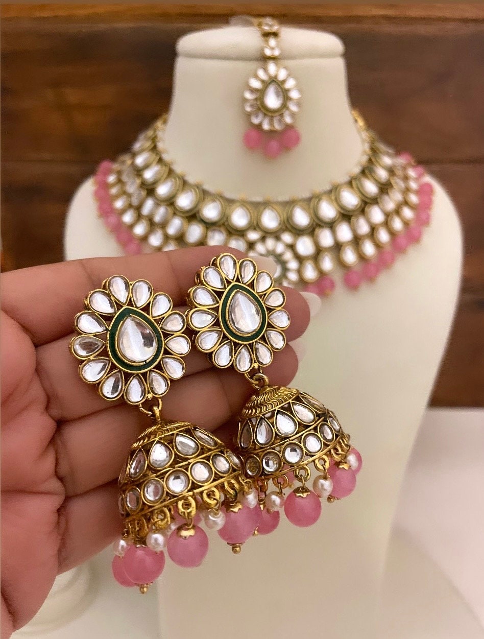 Light pink Kundan necklace set wedding jewelry pakistani set bollywood jewelry punjabi indian kundan set earrings maangtika