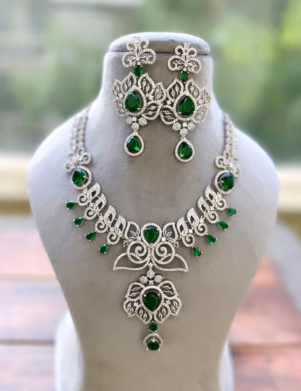 JOYCE emerald green necklace earrings Statement American Diamond Necklace, Indian Jewelry Pakistani Wedding jewellery Cz Zircon