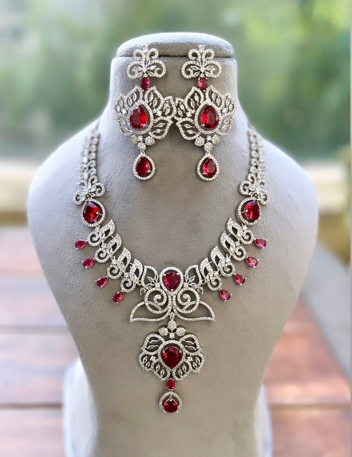 Real diamond look ruby red necklace earrings Statement American Diamond Necklace, Indian Jewelry Pakistani Wedding jewellery Cz Zircon