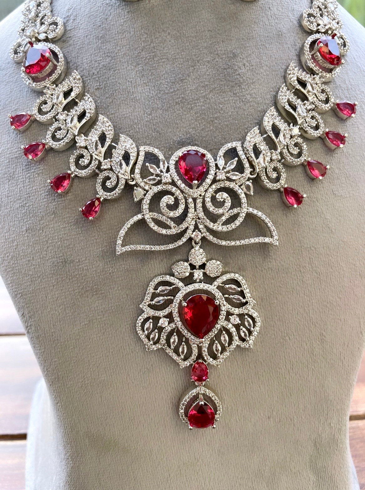 Real diamond look ruby red necklace earrings Statement American Diamond Necklace, Indian Jewelry Pakistani Wedding jewellery Cz Zircon