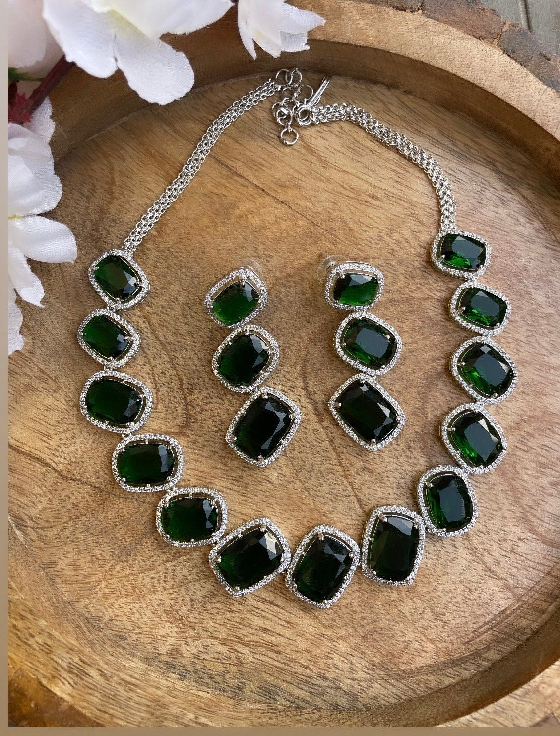 Emerald green statement necklace Set in American Diamond Classy high quality cz zircon for wedding,prom,gala dinner bridal jewelery
