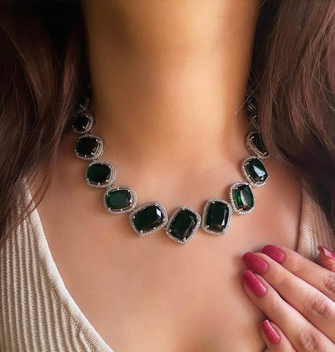 Emerald green statement necklace Set in American Diamond Classy high quality cz zircon for wedding,prom,gala dinner bridal jewelery