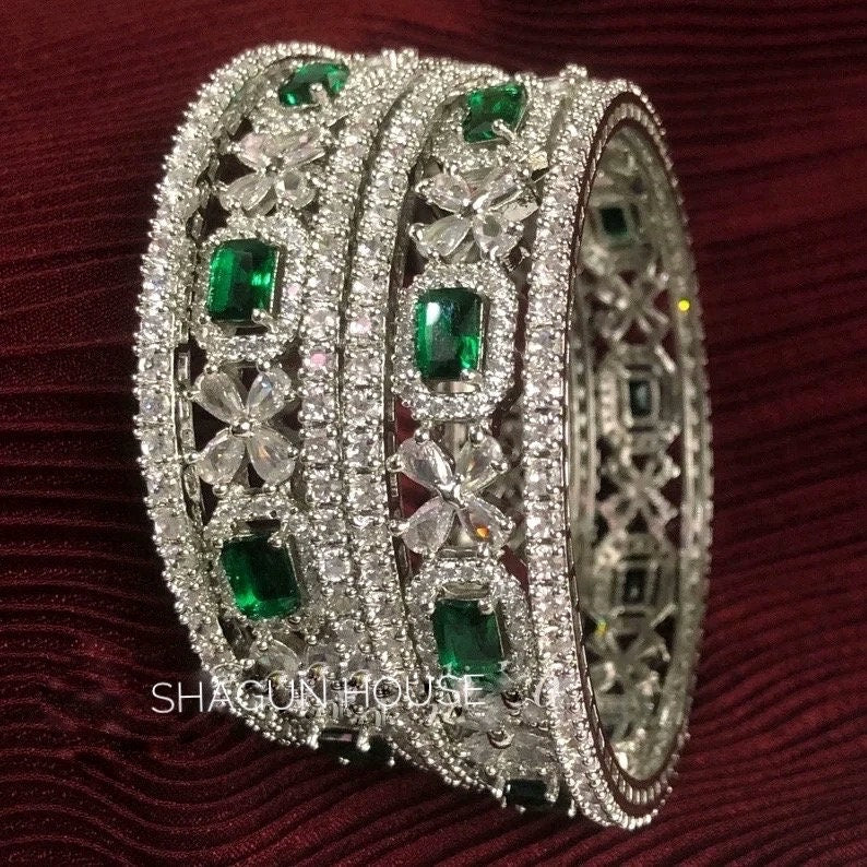 American diamond bangle set of 6 cz bangles in Emerald Green stones, AD bangle set,zircon bangles,bridal,indian bangles, pakistani bangles