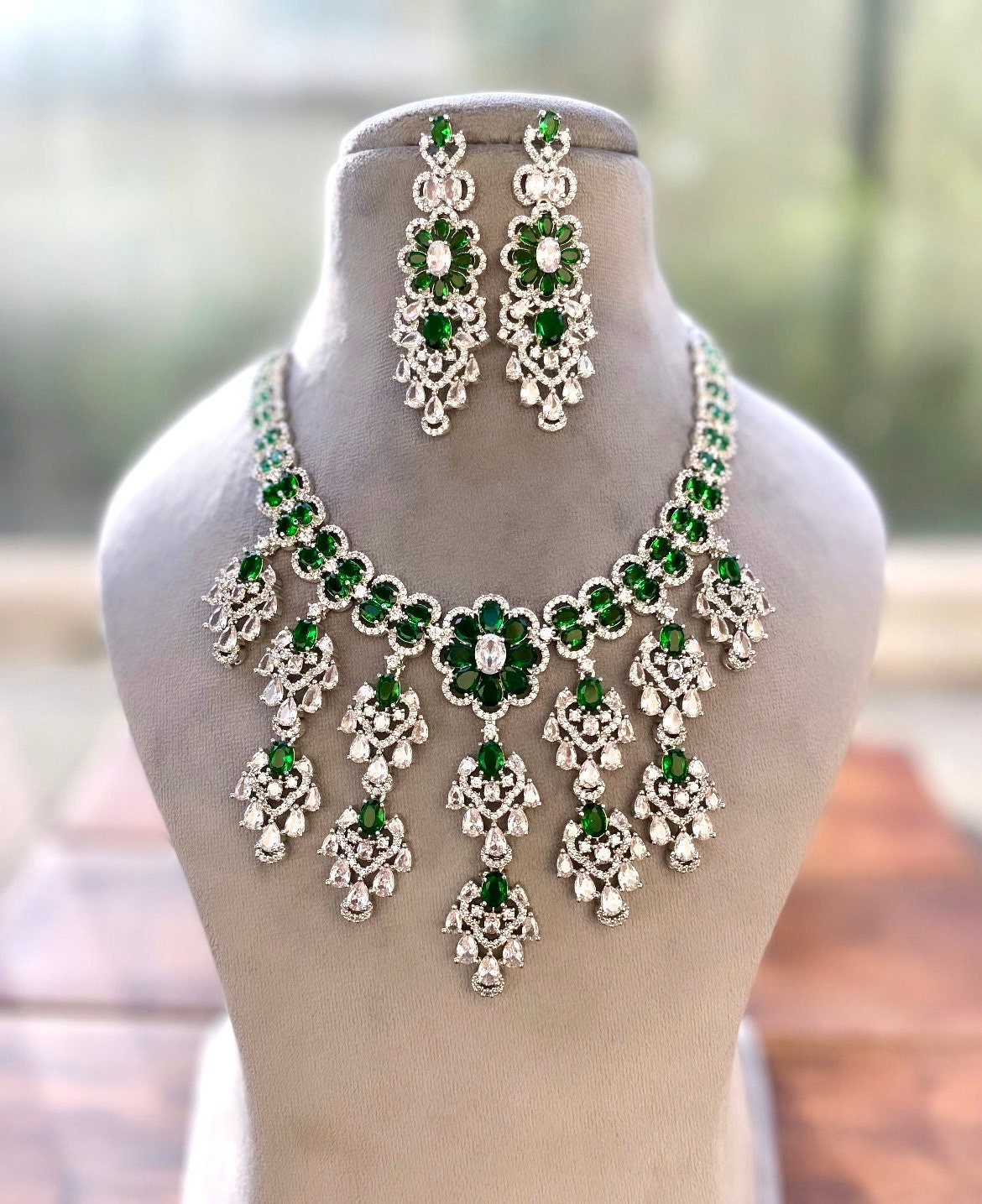 SARAH Gorgeous Emerald green American Diamond High Quality Necklace Set / Pakistani bridal wedding jewelry,Indian ring ceremony