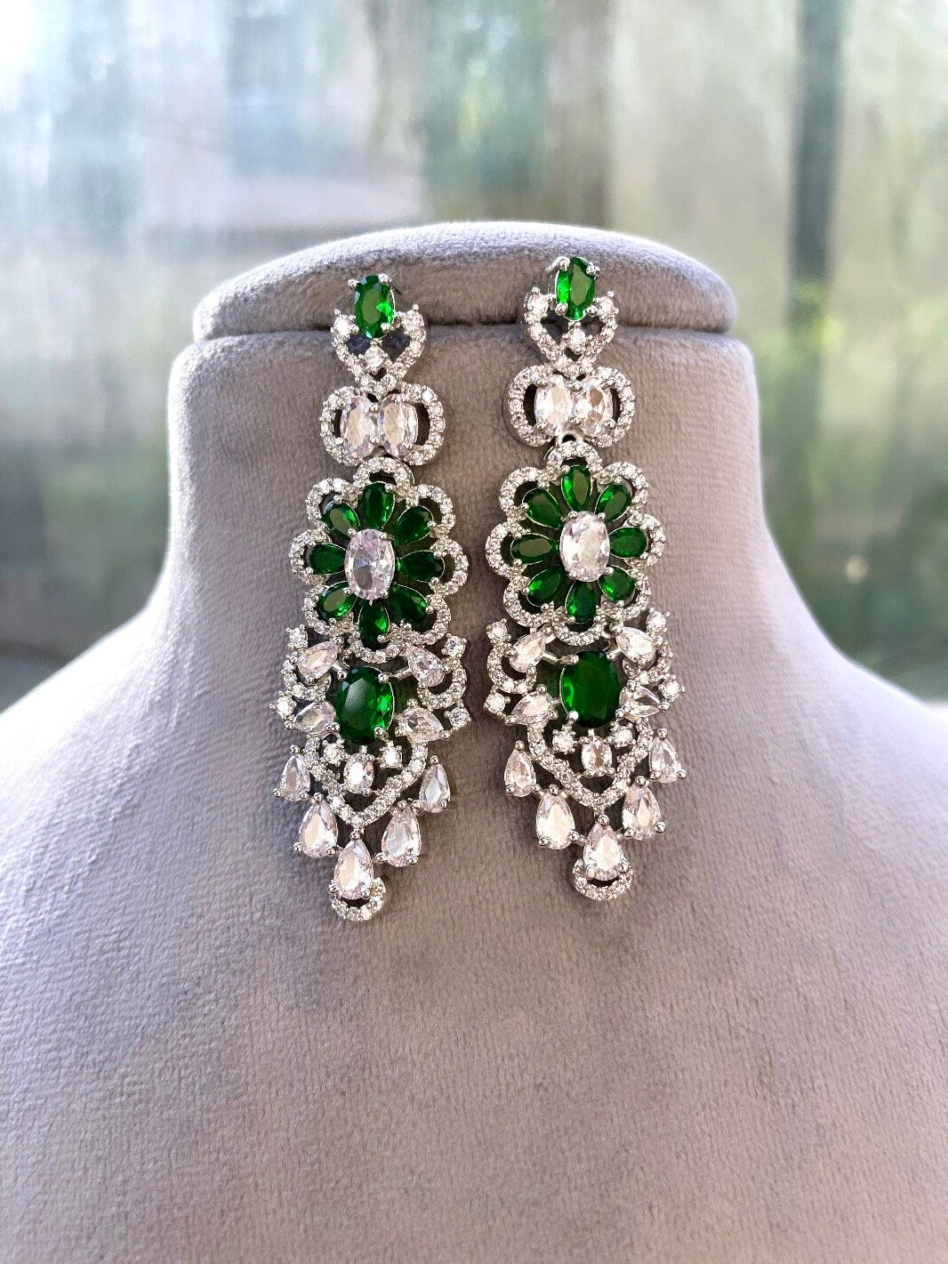SARAH Gorgeous Emerald green American Diamond High Quality Necklace Set / Pakistani bridal wedding jewelry,Indian ring ceremony