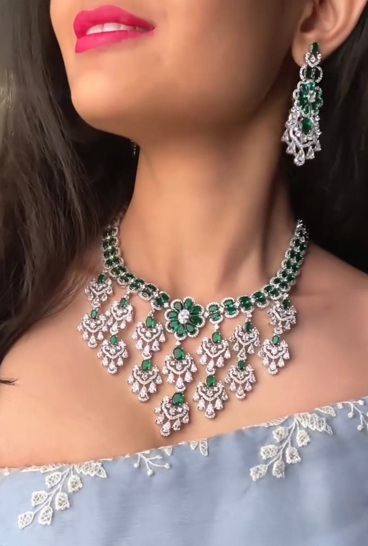 SARAH Gorgeous Emerald green American Diamond High Quality Necklace Set / Pakistani bridal wedding jewelry,Indian ring ceremony