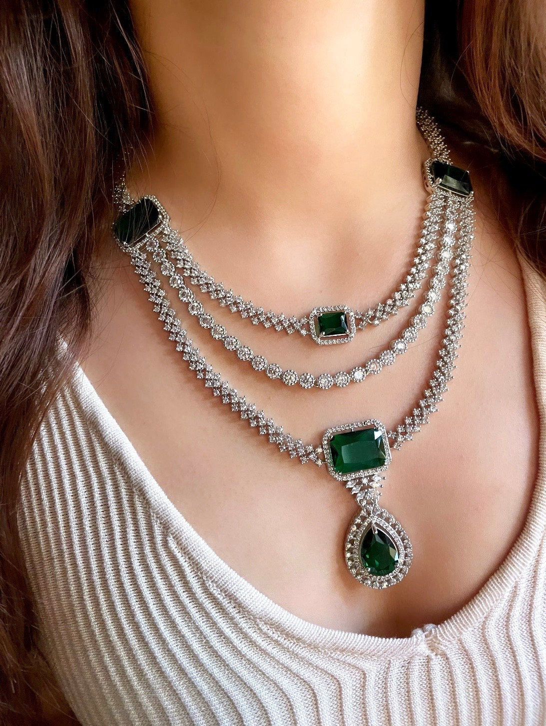 LEILA Multilayer Emerald green necklace earrings Statement American Diamond,Indian Jewelry Pakistani Wedding jewellery Cz Zircon,prom