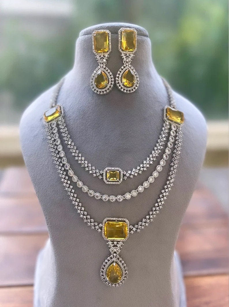 LEILA Multilayer yellow sapphire necklace earrings Statement American Diamond, Indian  Pakistani Wedding jewellery Cz Zircon,prom