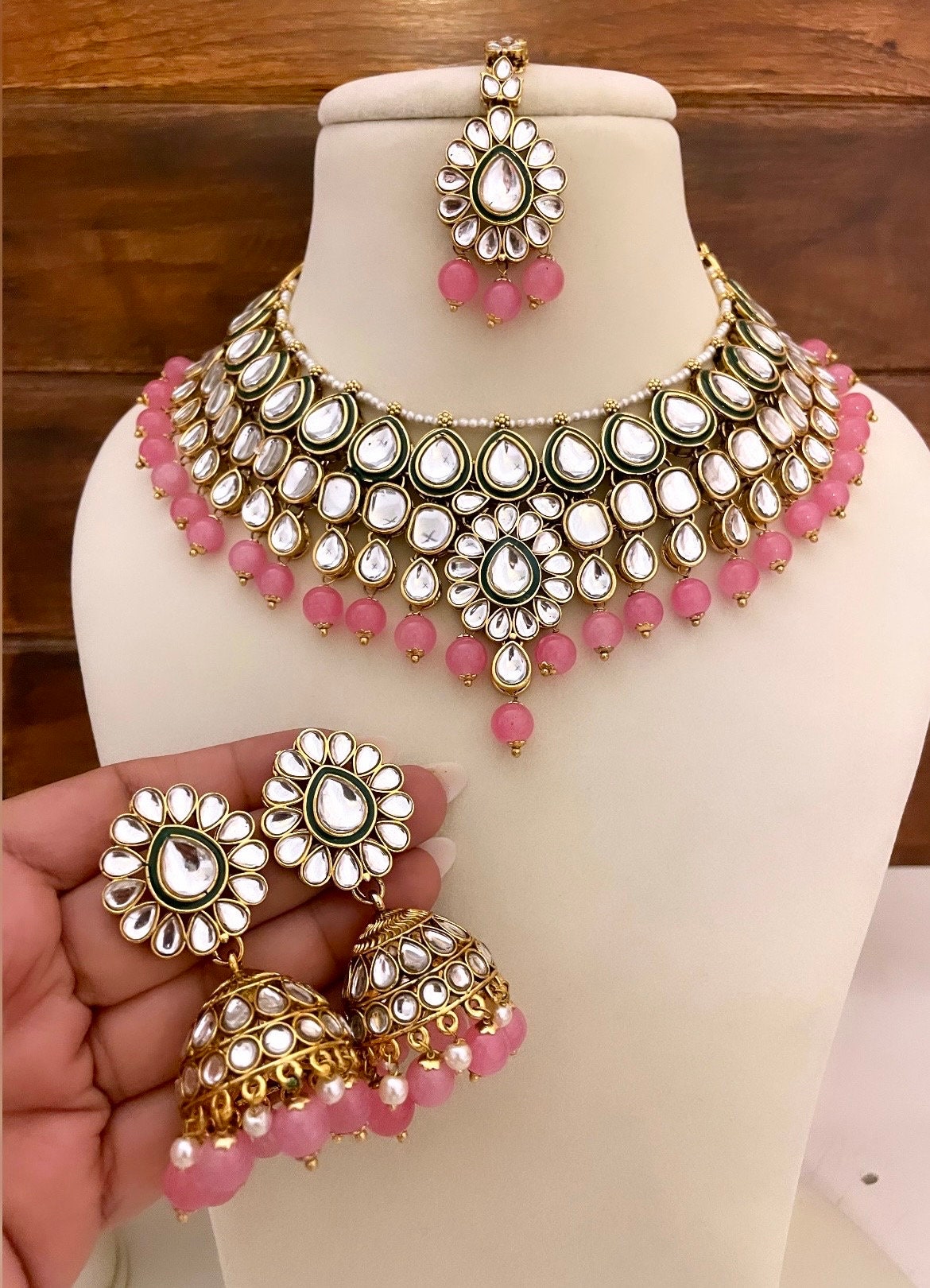 Light pink Kundan necklace set wedding jewelry pakistani set bollywood jewelry punjabi indian kundan set earrings maangtika