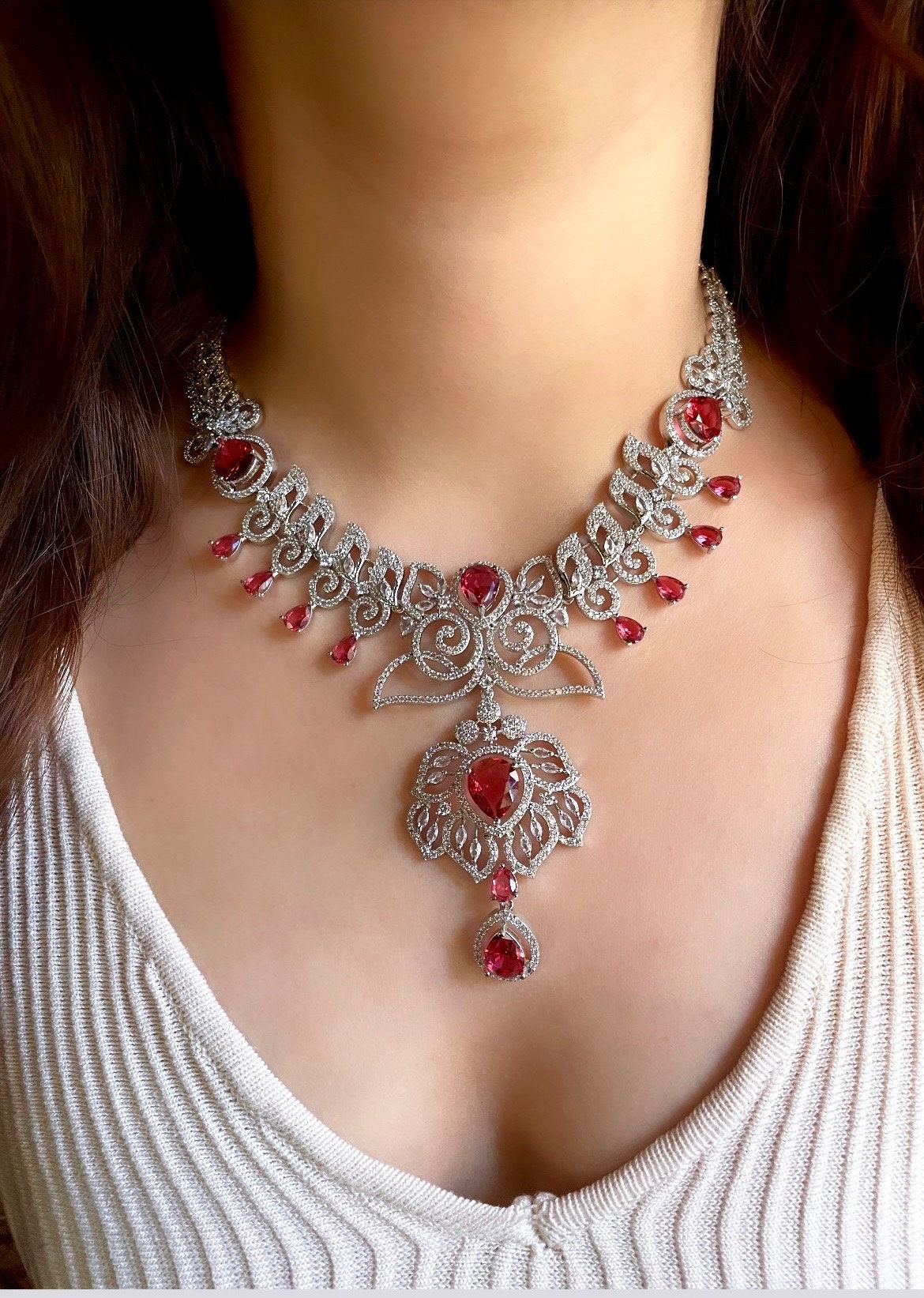 Real diamond look ruby red necklace earrings Statement American Diamond Necklace, Indian Jewelry Pakistani Wedding jewellery Cz Zircon