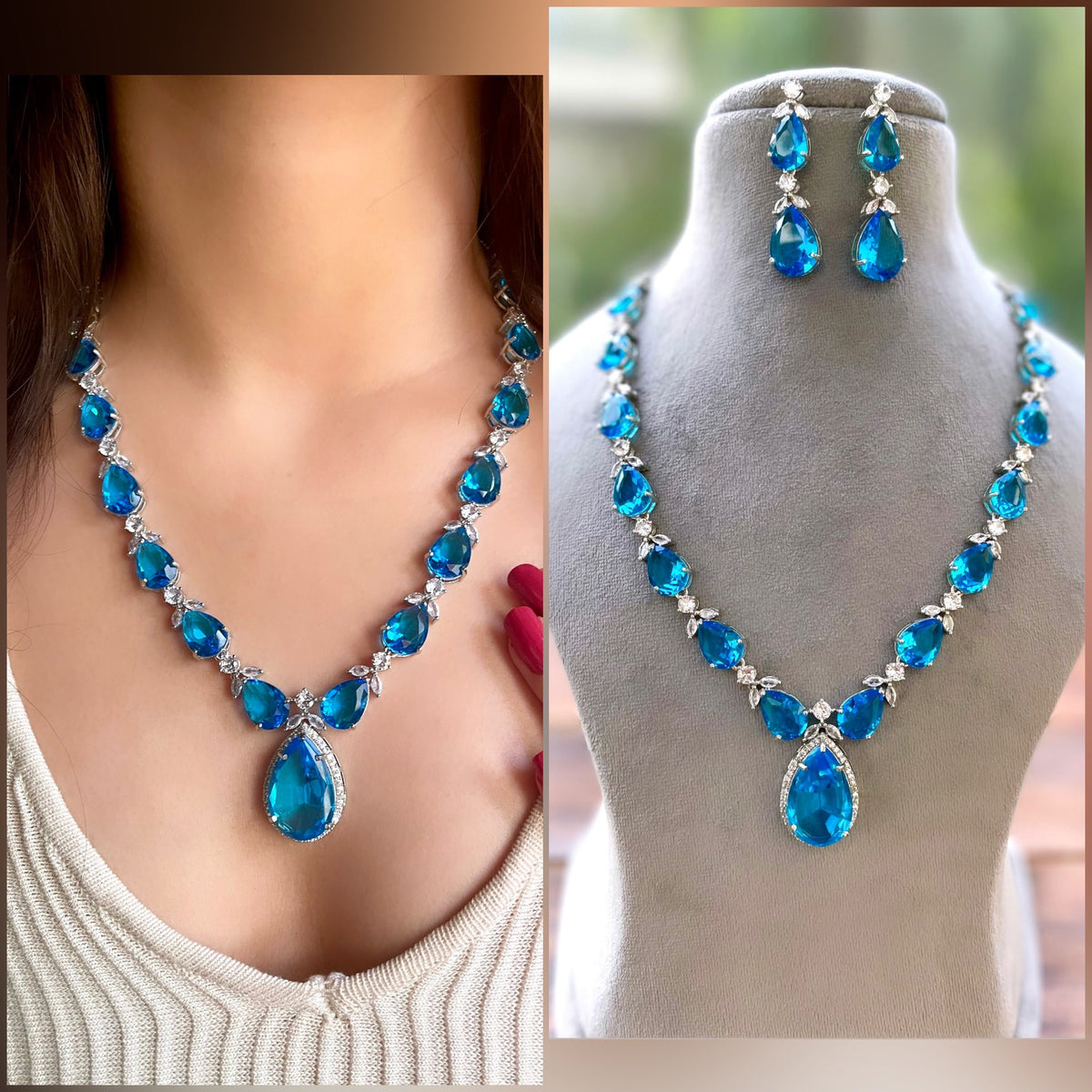DONNA Aqua blue American diamond Pendant Set  ,Classy cz zircon jewelry,prom,gala dinner bridal jewelery wedding jewellery