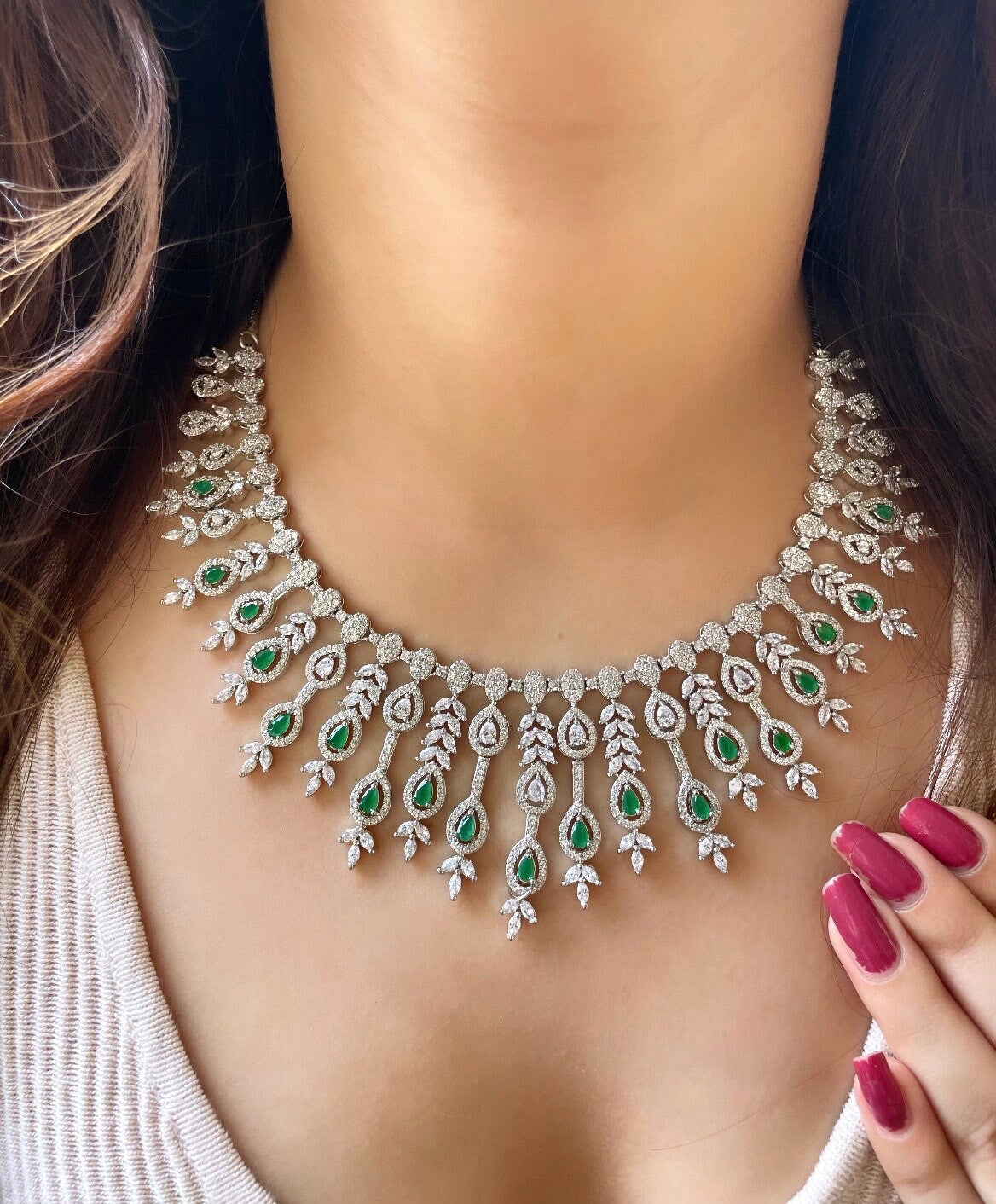 FARHA Elegant American Diamond High Quality Necklace Set in Green stones and cz /Indian  Pakistani bridal jewelry