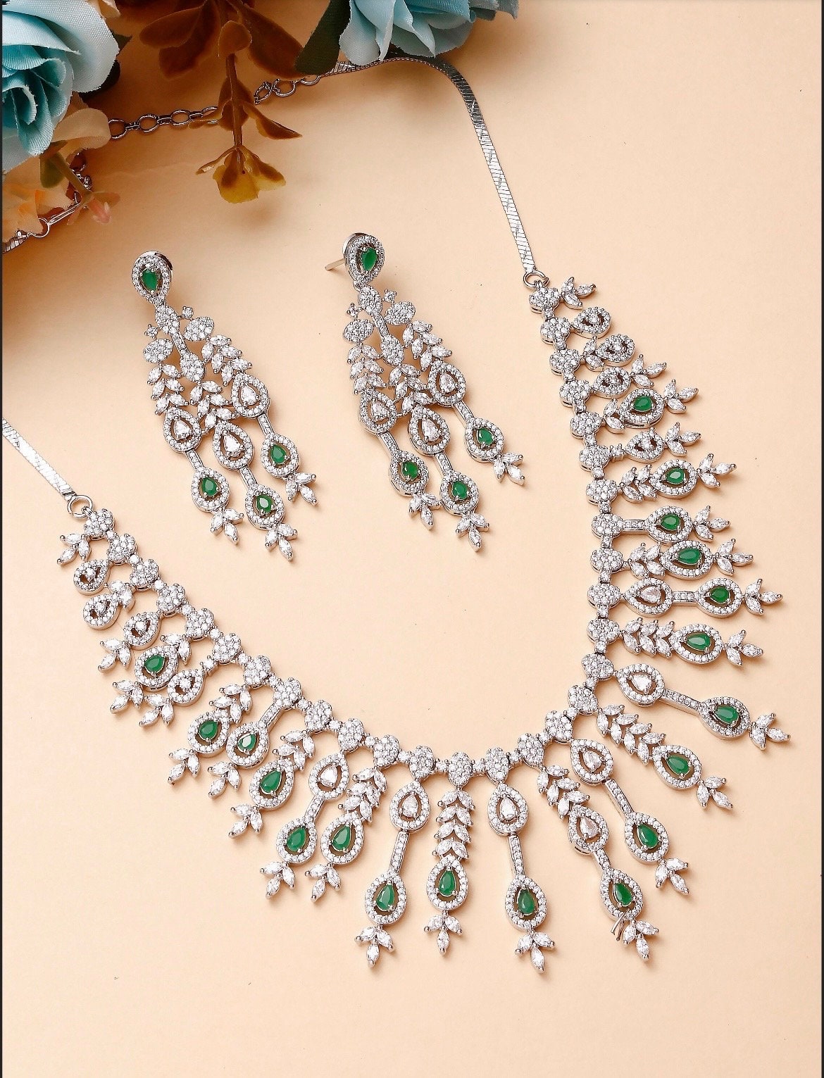 FARHA Elegant American Diamond High Quality Necklace Set in Green stones and cz /Indian  Pakistani bridal jewelry