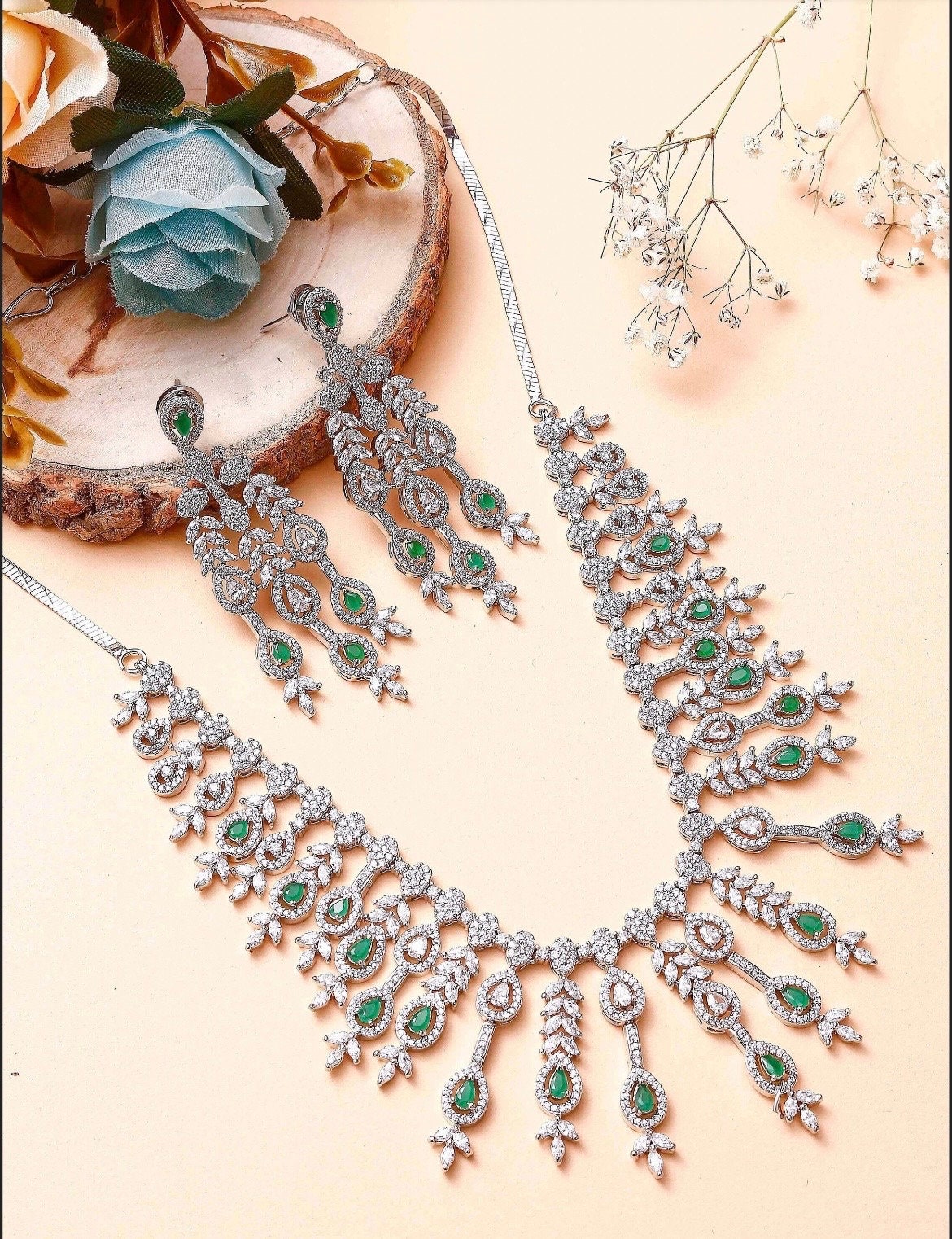 FARHA Elegant American Diamond High Quality Necklace Set in Green stones and cz /Indian  Pakistani bridal jewelry