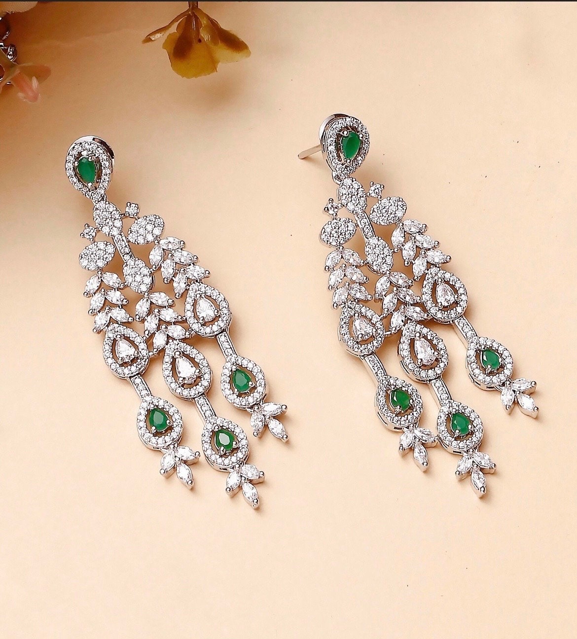 FARHA Elegant American Diamond High Quality Necklace Set in Green stones and cz /Indian  Pakistani bridal jewelry