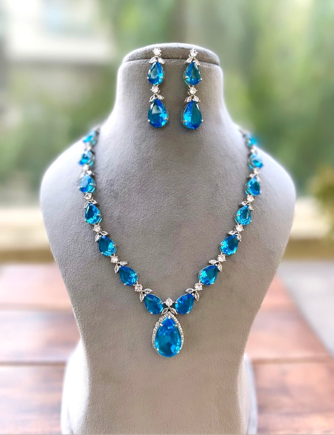 DONNA Aqua blue American diamond Pendant Set  ,Classy cz zircon jewelry,prom,gala dinner bridal jewelery wedding jewellery