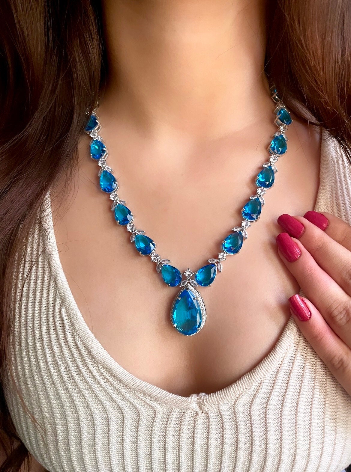 DONNA Aqua blue American diamond Pendant Set  ,Classy cz zircon jewelry,prom,gala dinner bridal jewelery wedding jewellery