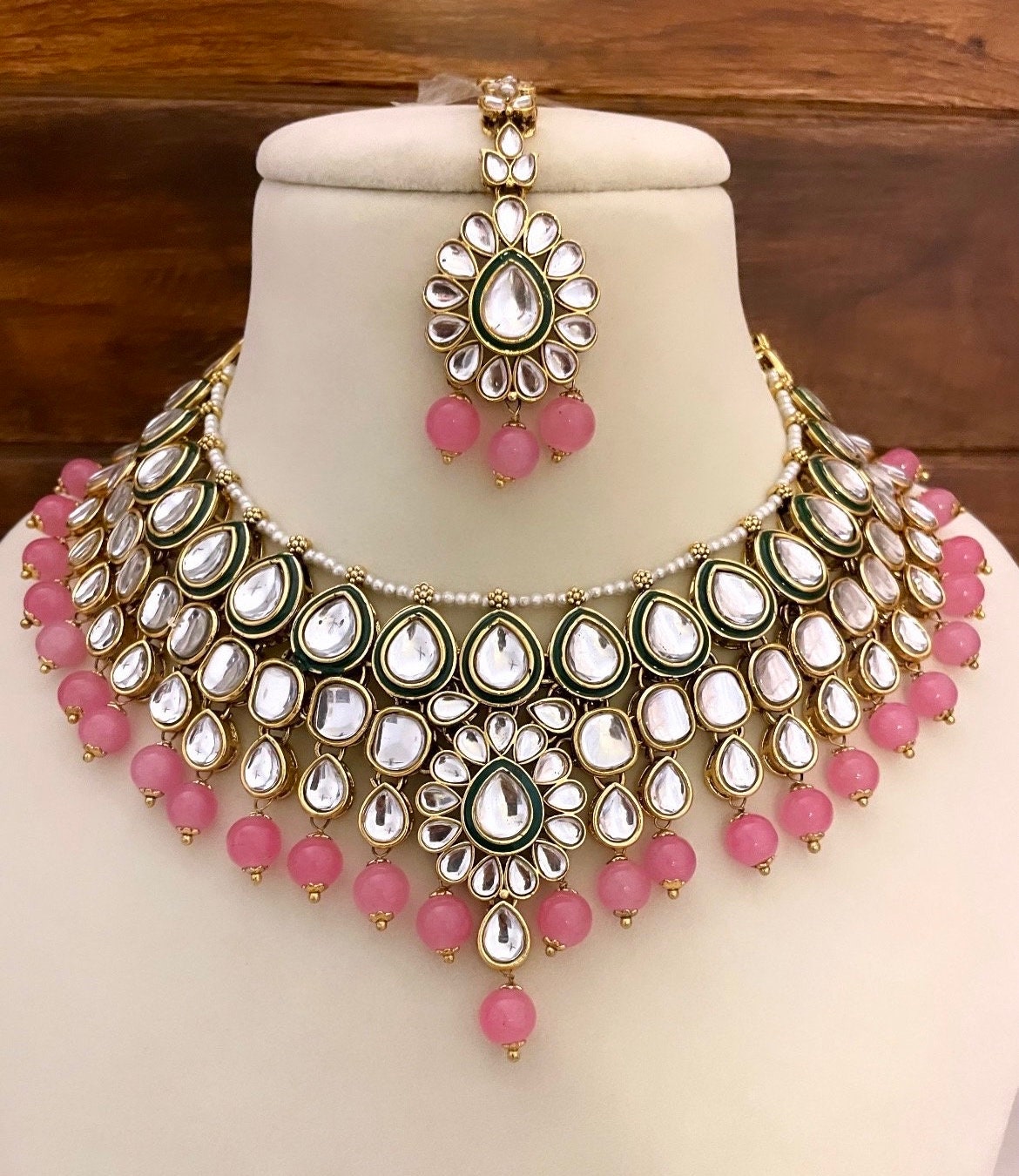 Light pink Kundan necklace set wedding jewelry pakistani set bollywood jewelry punjabi indian kundan set earrings maangtika