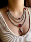 LEILA Multilayer ruby red necklace earrings Statement American Diamond Necklace, Indian Jewelry Pakistani Wedding jewellery Cz Zircon