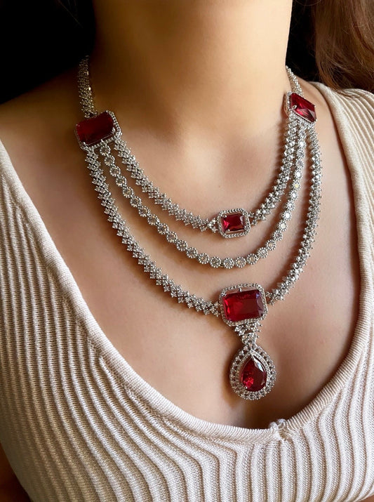 LEILA Multilayer ruby red necklace earrings Statement American Diamond Necklace, Indian Jewelry Pakistani Wedding jewellery Cz Zircon