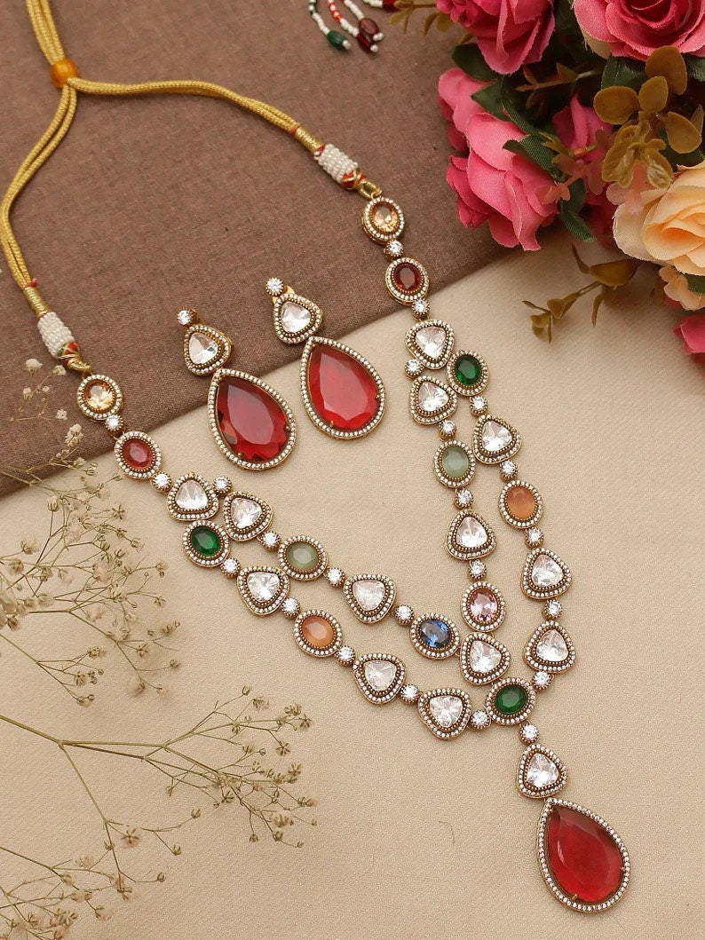 MRIDA Sabyasachi inspired Ruby red Victorian style uncut polki necklace set,Indian Bridal jewelry, cz kundan,pakistani nikaah jewellery