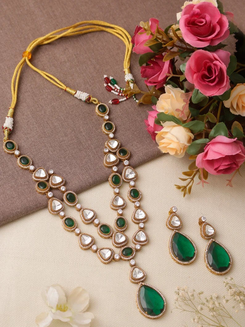 MRIDA Sabyasachi inspired Emerald green Victorian style uncut polki necklace set Indian Bridal wedding jewelry,cz kundan,pakistani jewellery