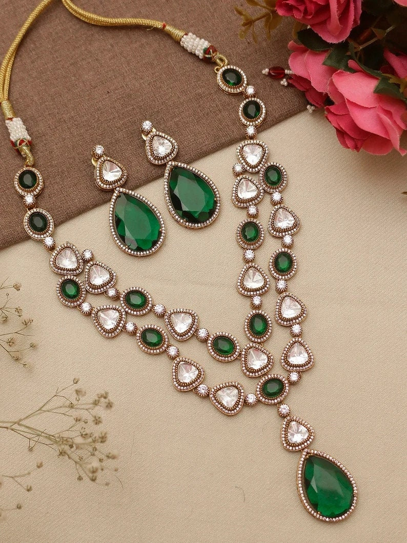 MRIDA Sabyasachi inspired Emerald green Victorian style uncut polki necklace set Indian Bridal wedding jewelry,cz kundan,pakistani jewellery